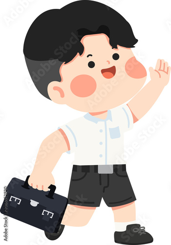 School Boy Waving While Holding Backpack