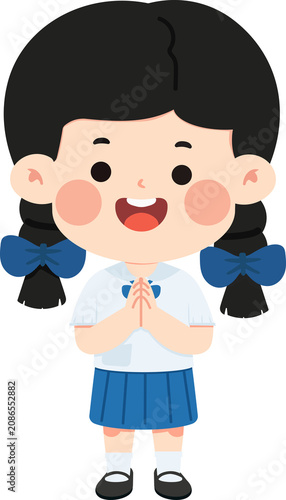 Smiling School Girl Greeting With Wai
