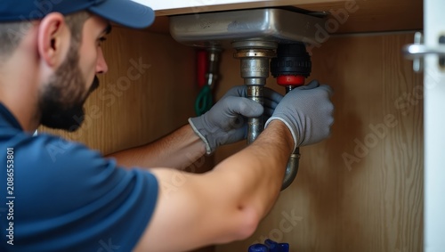 Plumber Fixing Sink Pipe. Professional Repair Service. Home Maintenance Work Scene.