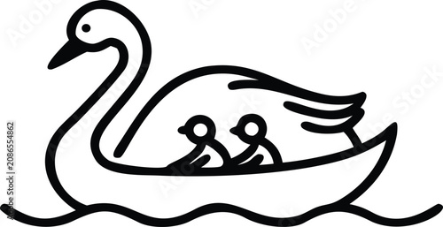 Schilderij op canvas Cute Swan Family Line Art Illustration with Two Cygnets Floating on Water Colori