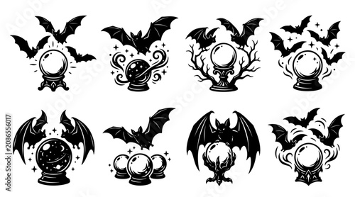 Foto Black and White Halloween Bat Silhouette Pack with Crystal Ball Icons in a Mysti