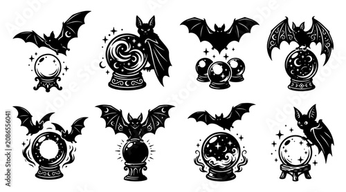 Bild auf Leinwand Black Silhouette Bat and Crystal Ball Collection Featuring Mystical Occult Symbo