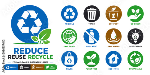 Foto Sustainability and recycling icon set, eco friendly environment symbols, reduce