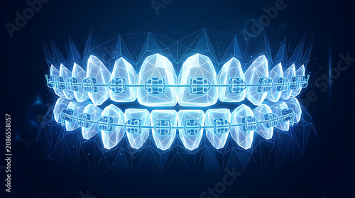 Luminous blue digital dental braces on glowing teeth abstract background orthodontic correction