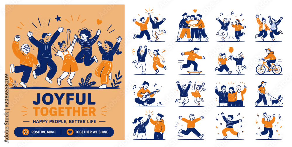 Fototapeta premium Joyful together happy people vector set, diverse community characters celebrating life, orange and blue flat line art illustrations