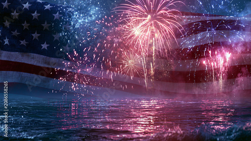 Vibrant celebration with fireworks and a flag overlay on water reflection