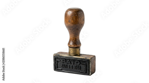 Vintage rubber stamp with wooden handle isolated on transparent background