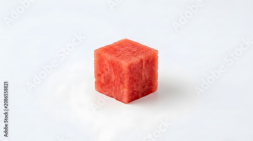 A single cube of fresh red watermelon isolated on white background