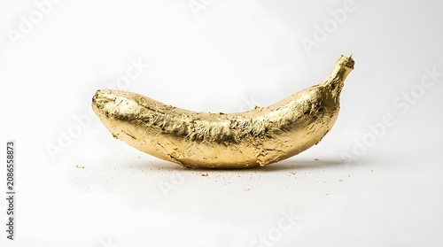 A single banana covered in gold foil isolated on white background