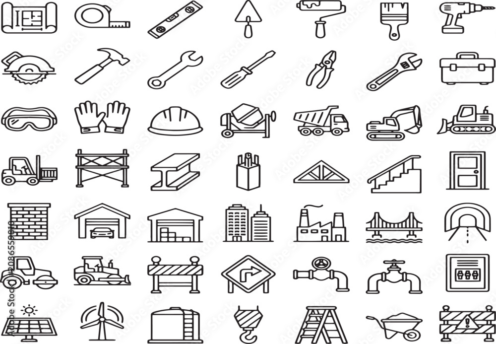 Fototapeta premium Construction tools and building equipment icons featuring industrial hardware isolated on a white background for site planning.