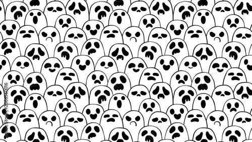 Seamless looping 2D cartoon animation pattern with a hand-drawn crowd of ghosts with various expressions. Perfect for festive promotions, social media, event invitations, or as a dynamic background.