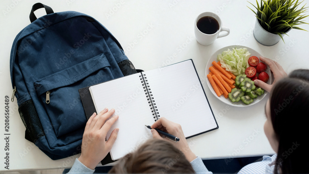 Person studying with a notebook and healthy snack on a white desk