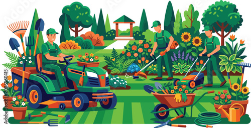Schilderij op canvas Professional Commercial Landscaping and Lawn Care Service Team Mowing Grass, Tri
