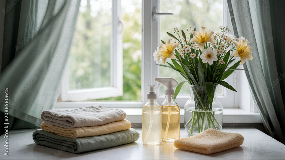Spring cleaning composition with towels and flowers on a window sill