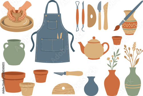 Canvastavla Handmade pottery workshop element set featuring a clay wheel, artisan apron, ceramic vases, sculpting tools, and terra cotta flower pots isolated on white background