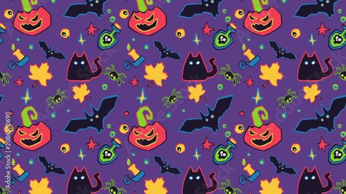 Seamless looping 2D cartoon animation pattern with vibrant Halloween elements. Perfect for festive seasonal promotions, social media content, event invitations, or as a dynamic background.