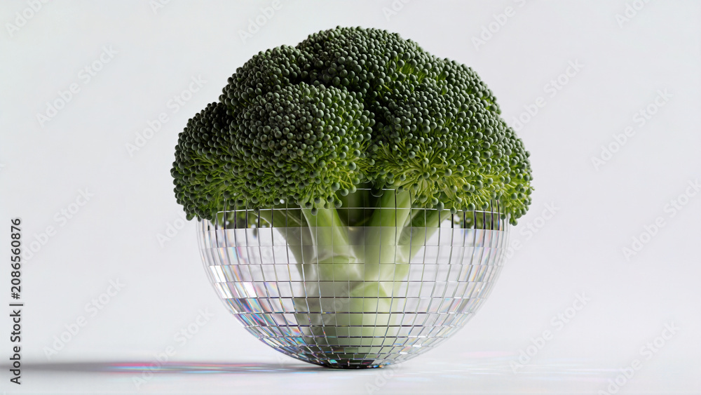 Creative concept of a fresh broccoli head inside a sparkling disco ball