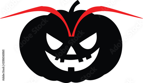 Black scary pumpkin silhouette with red devil horns for halloween party design icon graphic