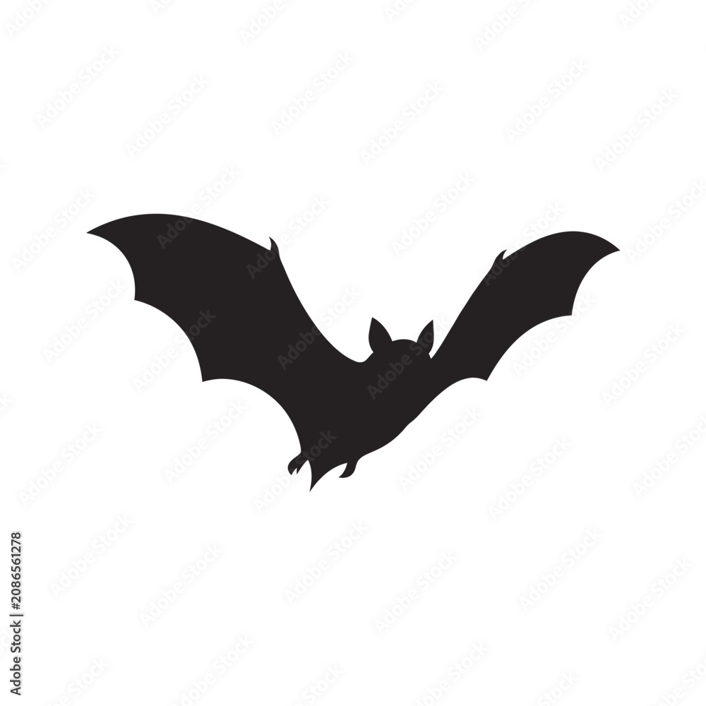 Fototapeta premium Black bat silhouette, flying mammal icon, Halloween symbol, nocturnal animal isolated on White Background