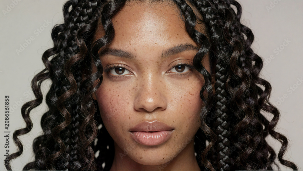 Portrait of a beautiful young woman with braided curly hair and freckles