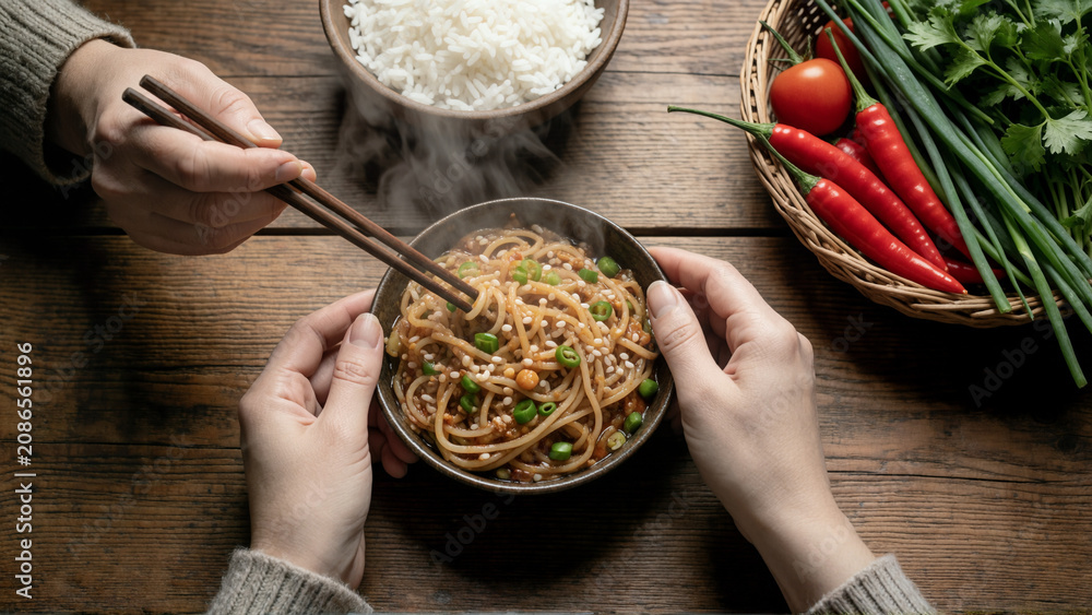 Person eating hot noodles with chopsticks from a bowl