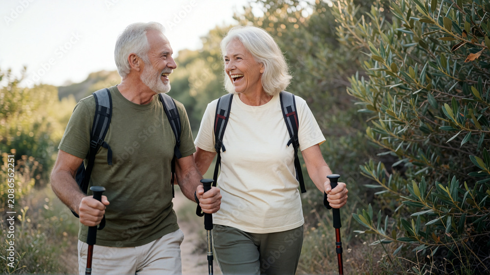 Happy senior couple hiking together in nature
