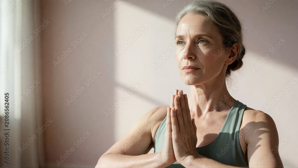 Mature woman practicing yoga and meditation at home