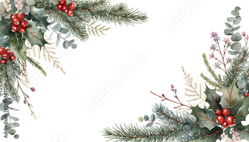 Christmas Wreath Corner Elements: A festive watercolor arrangement featuring evergreen branches, holly leaves with red berries, and eucalyptus sprigs, perfect for holiday invitations and decorations.