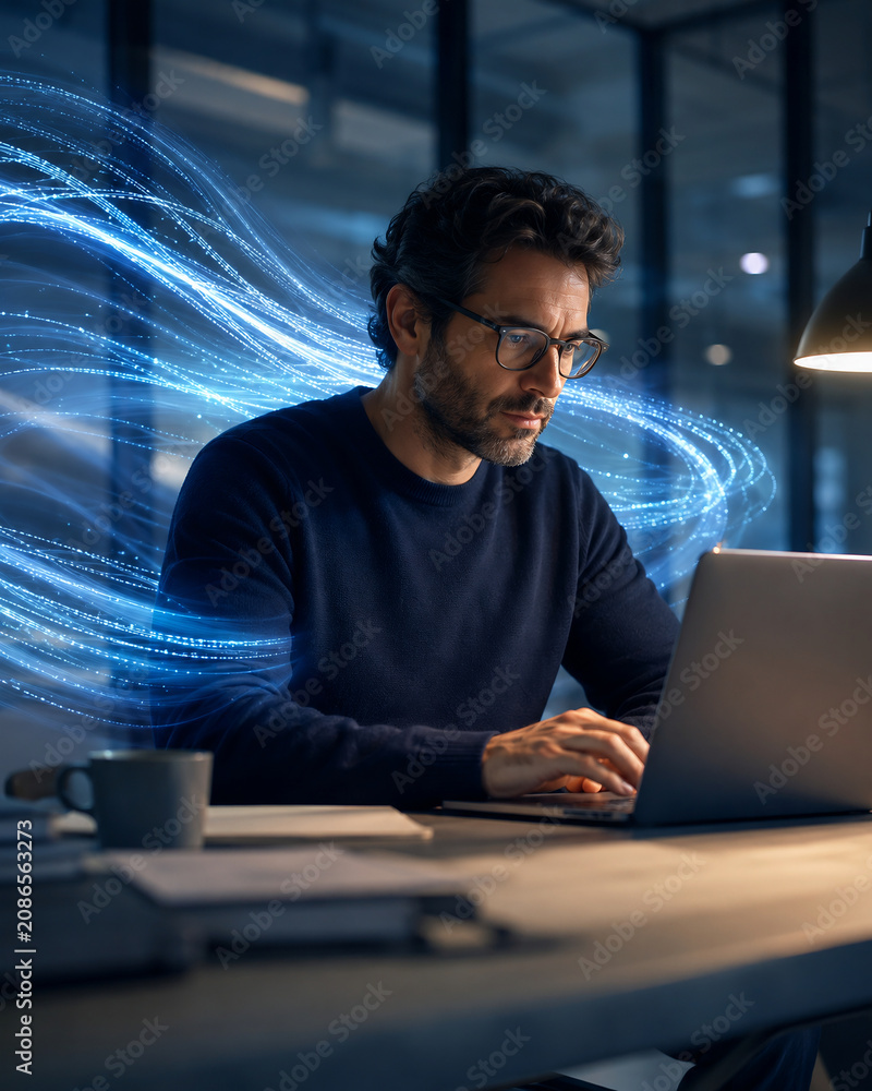 Focused professional working on laptop with digital data flow visualization