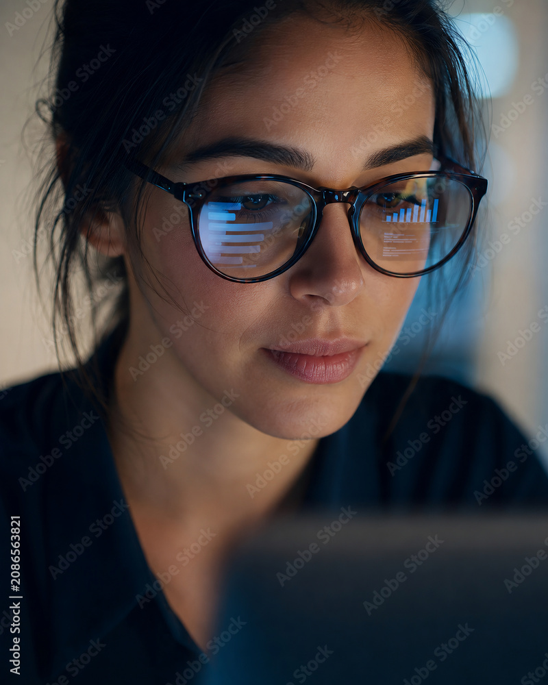 Focused woman working late at night on computer with data reflection in glasses