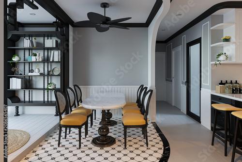 Foto Contemporary dining room with a mix of classic and modern elements, featuring a