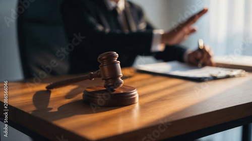 Fotografie Judge Rejecting Motion with Gavel on Wooden Desk Scene