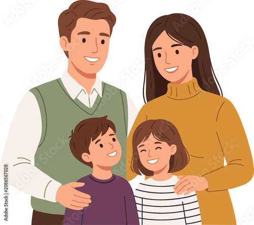 Happy smiling nuclear family portrait with mother father son and daughter standing close together, cute flat cartoon vector illustration