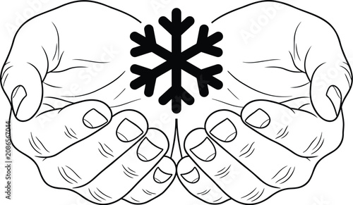 Snowflake, hands holding snowflake, winter icon, black and white vector