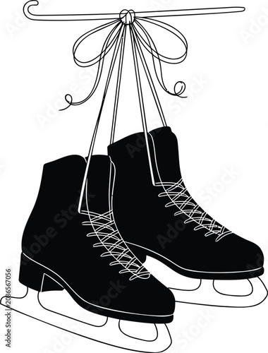 Black ice skates, hanging skates, ice skating shoes, winter sports equipment, vector illustration