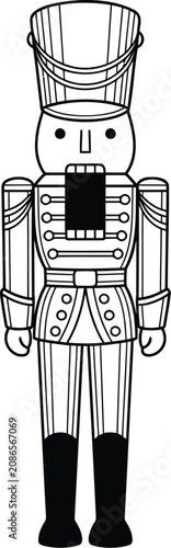 Vector nutcracker soldier, toy figure, black and white illustration, Christmas decoration
