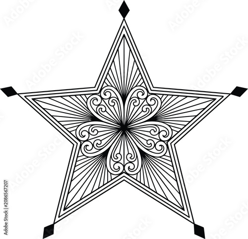 Ornate star, black and white illustration, decorative design element, vector graphic