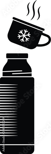 Black vector icons of hot drink cup and bottle, snowflake design, winter symbols