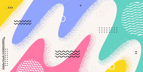 Colorful background in memphis style with abstract geometric shapes. Vector illustration of wavy fun texture.