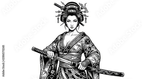 A samurai-inspired fictional woman wearing an intricately detailed kimono, holding a katana with composed confidence and strong posture. 