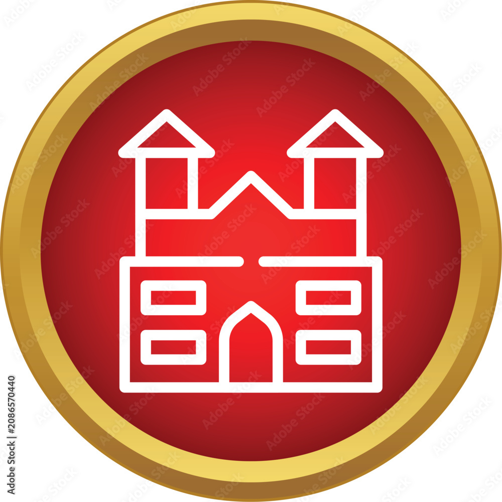 Obraz premium Castle landmark outline icon symbol in red circle with golden border