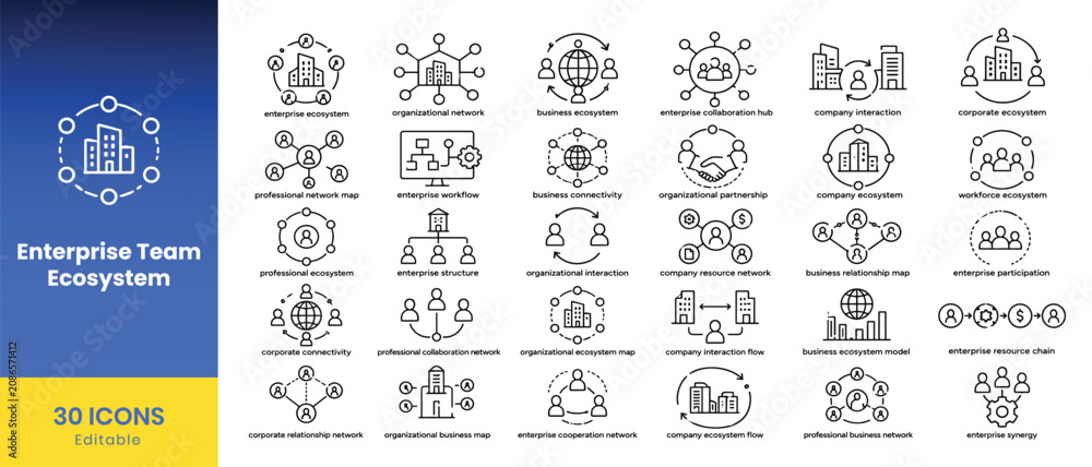 Naklejka premium Enterprise team ecosystem icons with network connections and people arranged in a grid on a white background