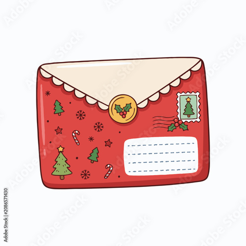 Christmas envelope with stamps and festive decorations on background