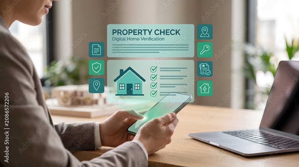Fototapeta premium Digital Home Verification and Property Check via Smartphone App Concept