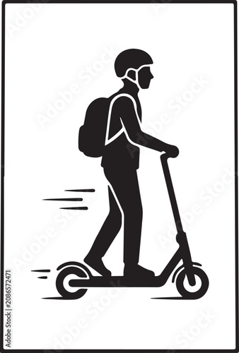 Electric scooter rider icon, black silhouette, urban transportation symbol, commute vector
