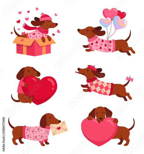Quadro su tela Cute cartoon dachshund dogs collection for Valentine's Day, featuring puppies with hearts, gifts, and letters in pink sweaters