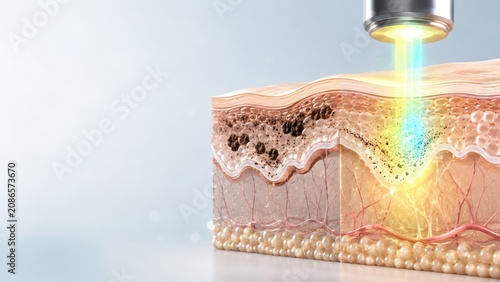 Detailed medical illustration of laser skin treatment targeting pigment and tissue layers for cosmetic therapy