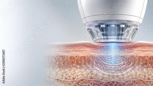 Close-up of device emitting blue light waves for non-invasive skin therapy and cosmetic treatment process