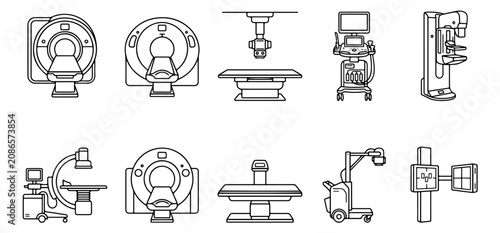Schilderij op canvas Medical imaging equipment icon set, 10 radiology diagnostic vector line icons, M