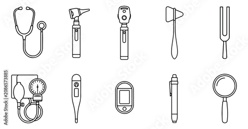 Foto Medical diagnostic equipment icons, 10 outline vector elements for healthcare ch